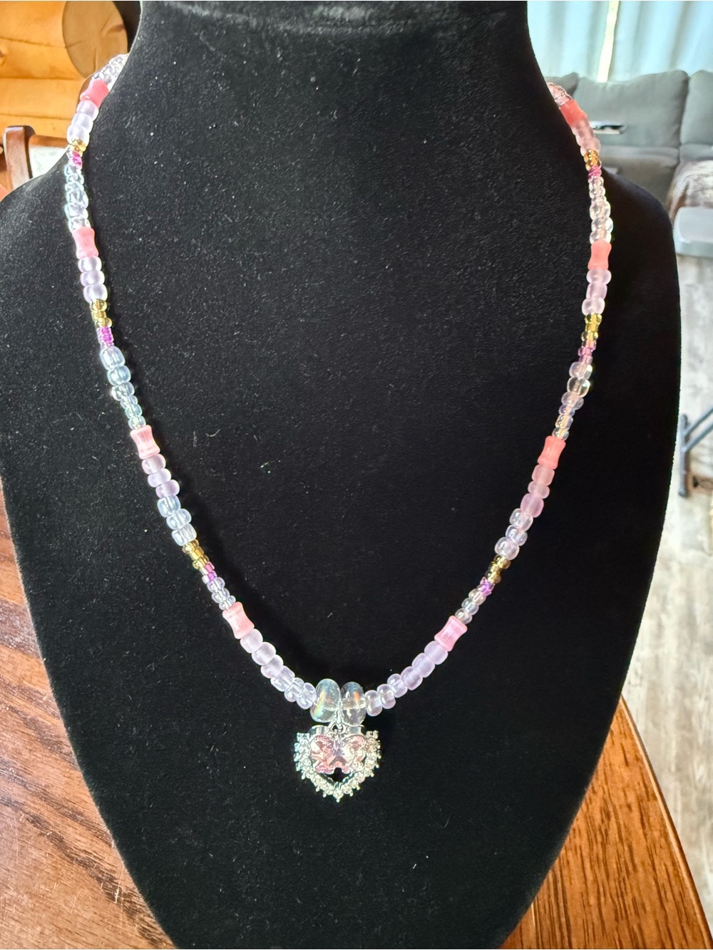 Handcrafted Pink Beaded Heart Pendant Necklace
